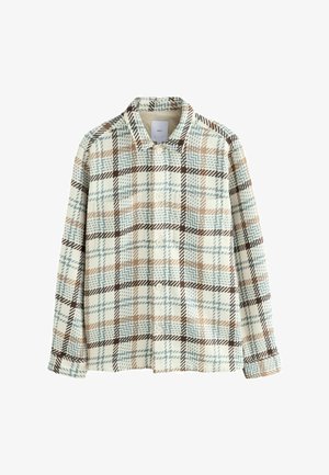 Overhemd met lange mouwen, knopenlijst, en een ruitpatroon in bruin, lichtblauw en crème, met een kraag en een borstzak aan de voorkant.