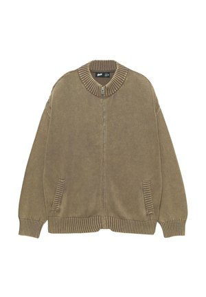 Cardigan zippé kaki avec col et poignets côtelés. Comprend des poches latérales et un motif en tricot texturé sur tout le tissu.