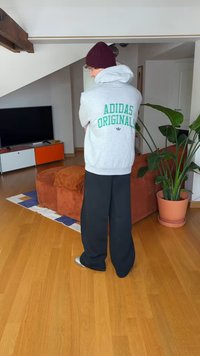 Szara bluza z kapturem z zielonym napisem „ADIDAS ORIGINALS”, zestawiona z czarnymi spodniami o szerokich nogawkach. W tle brązowa kanapa i roślina.