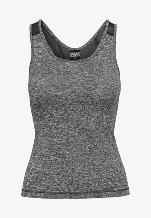 Hallikas sporditop, millel on heledam tekstuur. Omab ümarat kaelaosa ja kontrastseid võrkkangasaktsente õlgadel. Veniv kangas.