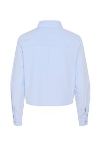 Camicetta azzurra chiara a maniche lunghe, tagliata, con colletto e polsini abbottonati. Tessuto liscio, senza motivi visibili o dettagli hardware.