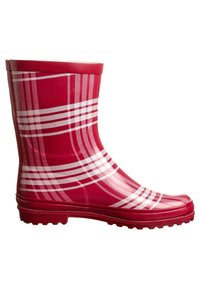 Punainen kuminen sadekenkä kiiltävällä pinnalla. Varrellaan valkoiset ruutukuvioinnit ja pohjassa kuvioitu pito. Keskipitkä varsi.