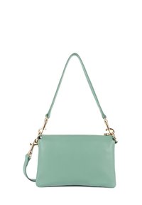 Borsa a tracolla in pelle verde chiaro con chiusura a zip, tracolla regolabile e dettagli in hardware dorato, caratterizzata da una superficie liscia.