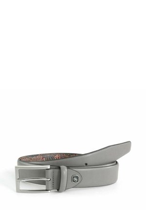 Gray leather belt with a silver metal buckle, featuring a smooth texture and decorative patterned interior visible along the edges.