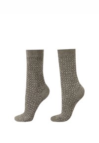 Gray socks with a textured, woven pattern. Ribbed cuffs and solid heel and toe. Features a cozy, mid-calf length design.