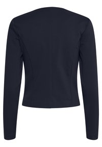 Tmavě modrá fitted bunda s dlouhým rukávem a kulatým výstřihem. Hladká textura, krátké švy a čistý design zadní části. Žádné zapínání nejsou viditelné.