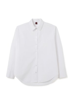 Camicia bianca a maniche lunghe in cotone con colletto button-down, una tasca sul petto e orlo curvo. Texture liscia con bottoni lucidi.