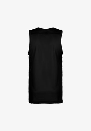 Black sleeveless athletic jersey with a breathable mesh design. Features white side stripes. Smooth texture, standard fit, rear view.
