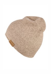 Beige wool hat with a rounded design, textured surface, and a folded edge. Features a small leather label on the side.