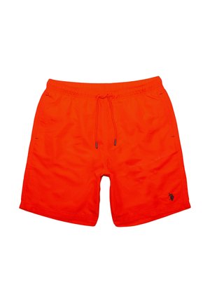 Fekete logóval ellátott, sima textúrájú, fényes narancssárga úszónadrág, elasztikus derékrésszel és állítható zsinórral a derékban.