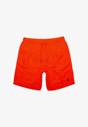 Pantaloni de baie portocalii strălucitori, cu talie elastică, șnur ajustabil și un mic logo negru pe partea inferioară a piciorului drept. Textură netedă.