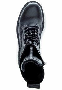 Black leather ankle boot with round toe, lace-up design, and zipper accent. Features textured panels and a ribbed sole for grip.