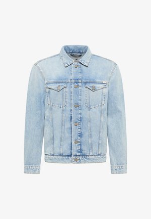 Jasnoniebieska kurtka dżinsowa z zapięciem na guziki z przodu, dwiema kieszeniami na piersi z klapkami i guzikami, długimi rękawami oraz klasycznym kołnierzem.