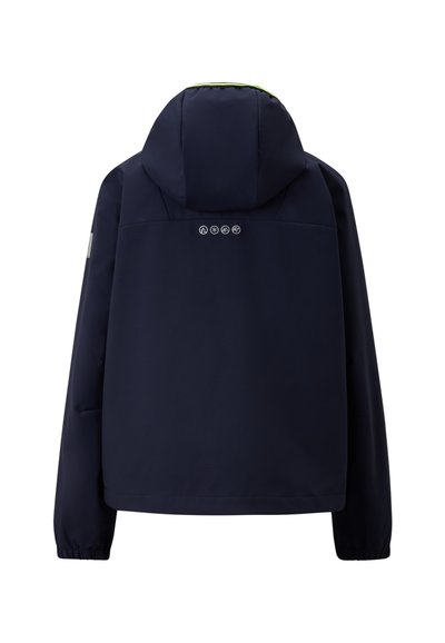 Navy blue jacket with a hood, elastic cuffs, and five circular logos on the back. Soft texture and streamlined design, suitable for various weather.