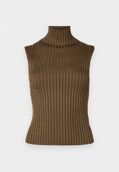 Brown ribbed turtleneck sleeveless top with a fitted silhouette and high collar. Made of a textured knit fabric.