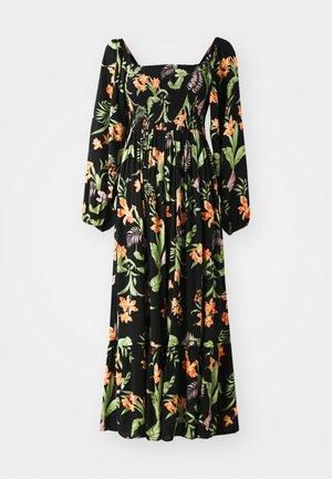 Melna ziedu kleita ar garām pūkainām piedurknēm, kvadrātveida kakla izgriezumu, smockotu augšdaļu un spilgtām apelsīnu un zaļām tropu rakstiem plūstošā audumā.