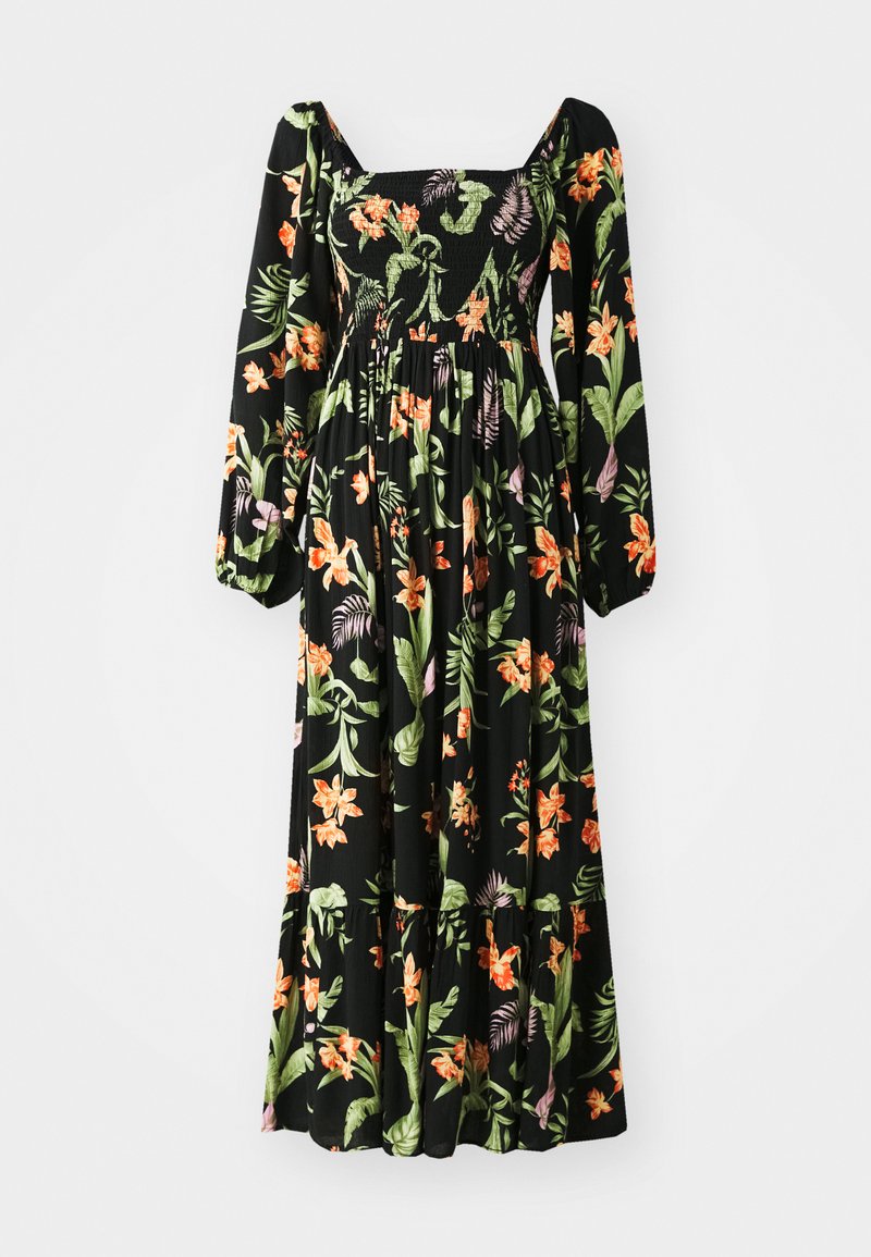 Black floral dress with long puffed sleeves, square neckline, smocked bodice, and vibrant orange and green tropical patterns on flowing fabric.