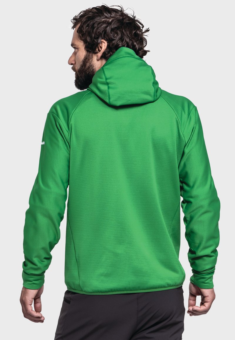 Zielona bluza z kapturem wykonana z teksturowanej tkaniny, o dopasowanym fasonie i długich rękawach. Tylny widok ukazuje bezszwowe wykończenie i detale kaptura.