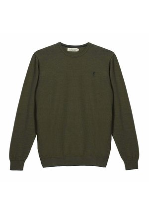 Pull vert foncé à manches longues avec col rond, poignets et ourlet côtelés, orné d'un petit logo brodé sur le côté gauche de la poitrine.