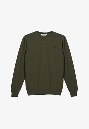 Pull vert foncé à manches longues avec col rond, poignets et ourlet côtelés, orné d'un petit logo brodé sur le côté gauche de la poitrine.