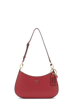 Red synthetic handbag with curved shape, gold hardware, and adjustable strap. Features a logo plaque and a decorative tag. Smooth texture.