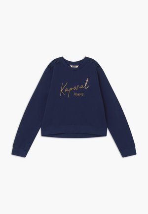 Marineblå langærmet sweatshirt med gyldent "Kaporal Jeans" bogstaver og blonder detaljer på skulderpaneler.