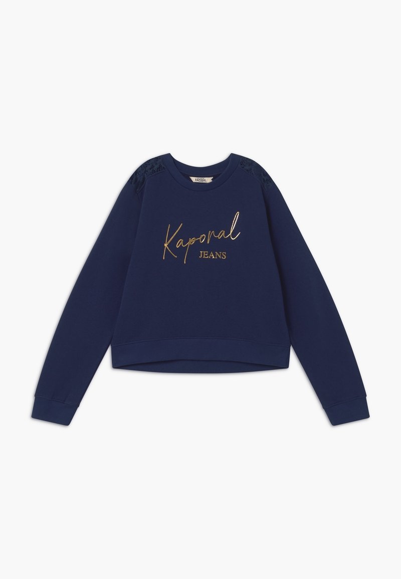 Sweat-shirt bleu marine à manches longues avec lettrage doré "Kaporal Jeans" et détails en dentelle sur les panneaux d'épaule.