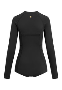 Czarny obcisły kombinezon nurkowy z długim rękawem, z wysokim kołnierzem i ozdobnymi szwami, widoczny od tyłu.