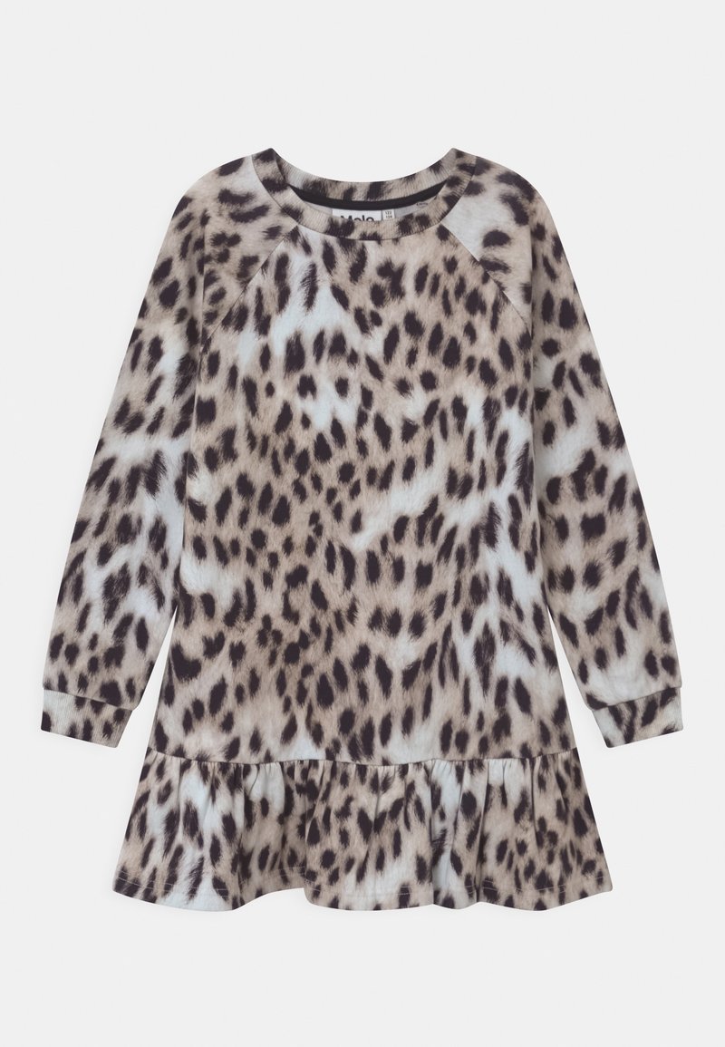 Robe à manches longues avec imprimé léopard, col rond et ourlet volanté, présentée sur un fond blanc uni.