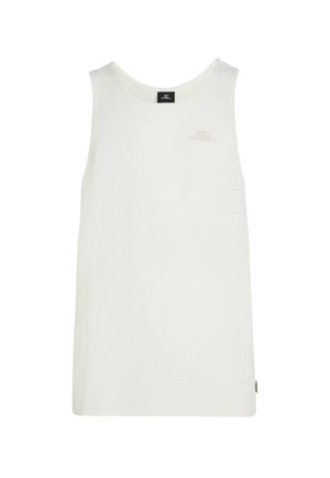 Hvid tanktop lavet af blødt stof, med rundet halsudskæring og lille, diskret logo på brystet. Simpelt og ubemærket design.