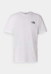 Camiseta de manga corta blanca con cuello redondo y pequeño logo negro de "The North Face" en el lado izquierdo del pecho.