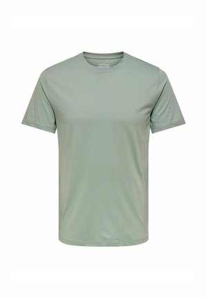 T-shirt s krátkým rukávem v světle zelené barvě, vyrobený z měkké látky. Má kulatý výstřih a klasický střih, bez viditelných vzorů nebo akcentů.