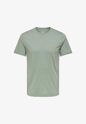 Hellgrünes T-Shirt mit kurzen Ärmeln, aus weichem Stoff gefertigt. Es hat einen runden Halsausschnitt und eine klassische Passform, ohne sichtbare Muster oder Akzente.