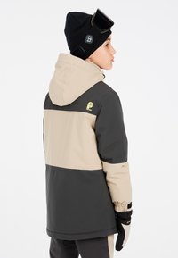 Giacca da neve grigia e beige con cappuccio, dotata di zip frontale, polsini elasticizzati e dettaglio del logo sulla schiena e sulla manica.
