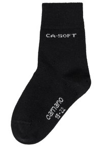 Calzino nero alla caviglia realizzato in materiale morbido, con il testo "CA-SOFT" in grigio sul lato e indicazioni di taglia sulla parte inferiore.