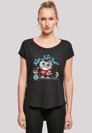 Black short-sleeve t-shirt featuring a cartoon cat graphic with oversized eyes, a mouse, and colorful text. Smooth fabric and loose fit.