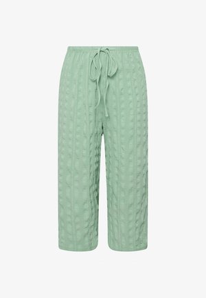 Lichtgroene, gestructureerde wijde broek met elastische tailleband en vooraan een trekkoord.
