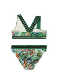 Zeleni bikini s cvetnim in leopardjim vzorcem, ki ima križaste naramnice in zlate okrasne trakove na zgornjem delu in na hipsterskem spodnjem delu. Iz recikliranih materialov.