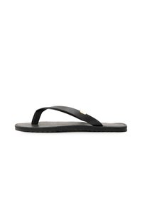 Sandale negre tip flip-flop cu talpă plată, brant texturat negru, bretele netede și un mic accent auriu near post-ul degetului.