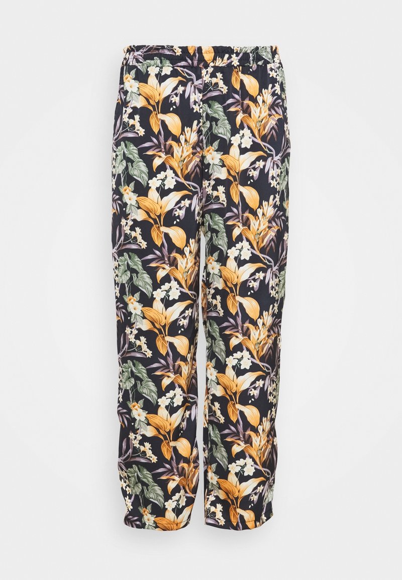 Pantalon ample noir avec imprimé floral jaune, blanc et vert ainsi qu'une taille élastique, présenté sur un fond uni.