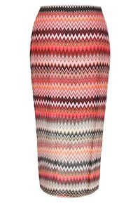 Strick-Bleistiftrock mit elastischem Bund, gestaltet in Zickzackmustern in Pink, Rot, Weiß und Schwarz, mit glatter Textur.