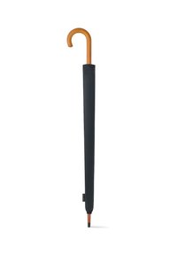 Czarny ręczny parasol z zakrzywionym drewnianym uchwytem i stożkowym czarnym końcem, o gładkiej teksturze i prostym wzornictwie.