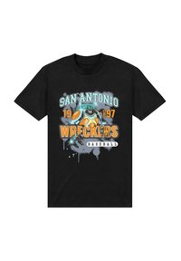 Černé bavlněné tričko s barevným potiskem a textem "SAN ANTONIO 1997 WRECKERS BASEBALL" a ilustrací robota.