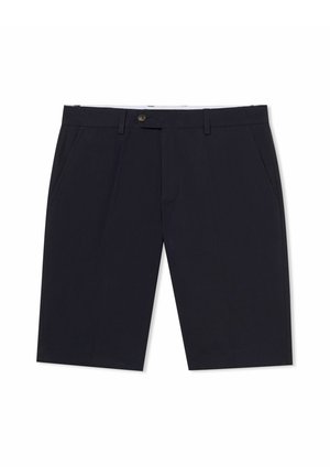 Ciemnogranatowe, dopasowane szorty do kolan z szlufkami na pasek, bocznymi kieszeniami i zapięciem na guziki z przodu.