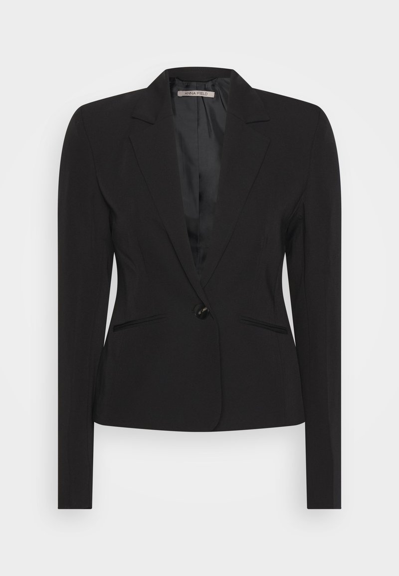 Blazer noir cintré pour femmes avec fermeture à un bouton, revers crantés, manches longues et poches fendues, marqué Anna Field.