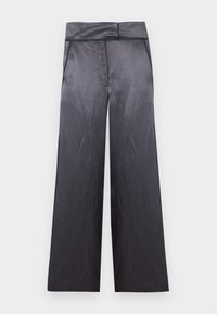 Παντελόνι από σατέν με ψηλή μέση και φαρδιά μπατζάκια σε σκούρο γκρι, με τσέπες και διπλωμένη λεπτομέρεια στη μέση.