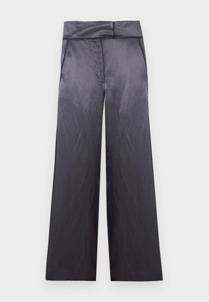 Saten hlače širokih nogavica s visokim strukom u tamnosivoj boji, s džepovima i detaljem presavijenog pojasa.