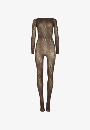 Brun, langærmet, helkrops mesh jumpsuit med bølge mønster og tekstureret finish. Har en bred halsudskæring og tætsiddende silhuet.