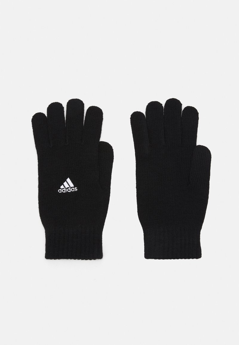 Black knitted gloves with five fingers. Features a ribbed cuff and a small white Adidas logo on the wrist area. Soft texture.