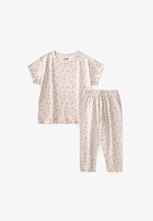Zweiteiliges Kinderschlafanzug-Set in Creme mit kleinem lila und gelbem Blumenmuster, kurzen Rüschenärmeln und Hosen mit elastischem Bund.